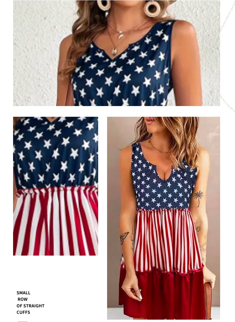 American Flag Sleeveless Mini Dress - Elegant V-neck Ruffled Hem Short Skirt